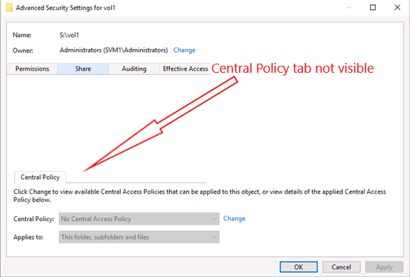 DACを有効にすると、Central Policyタブが表示されません