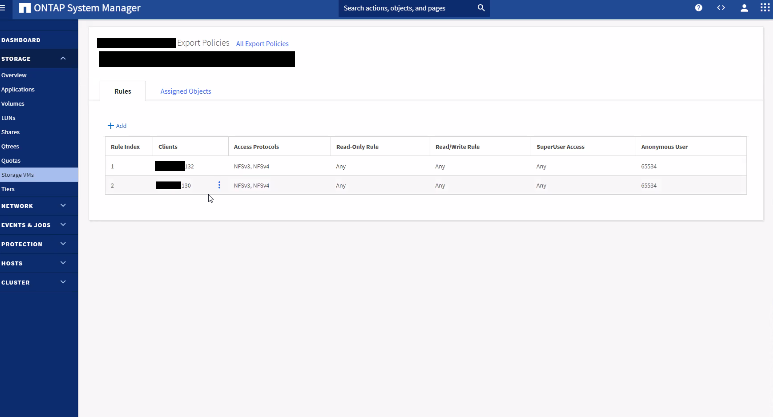 エクスポートポリシーがCloud Managerに表示されず、System Managerに表示される