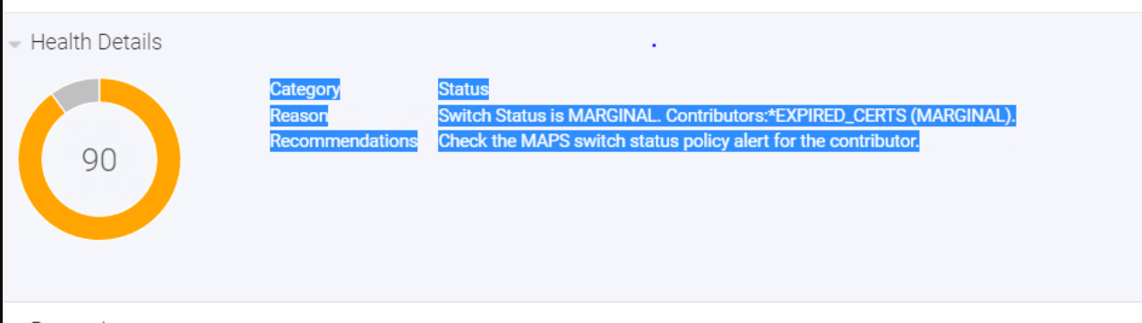 SANnavのKafka証明書の有効期限が切れているため、スイッチのステータスが限界状態になっています