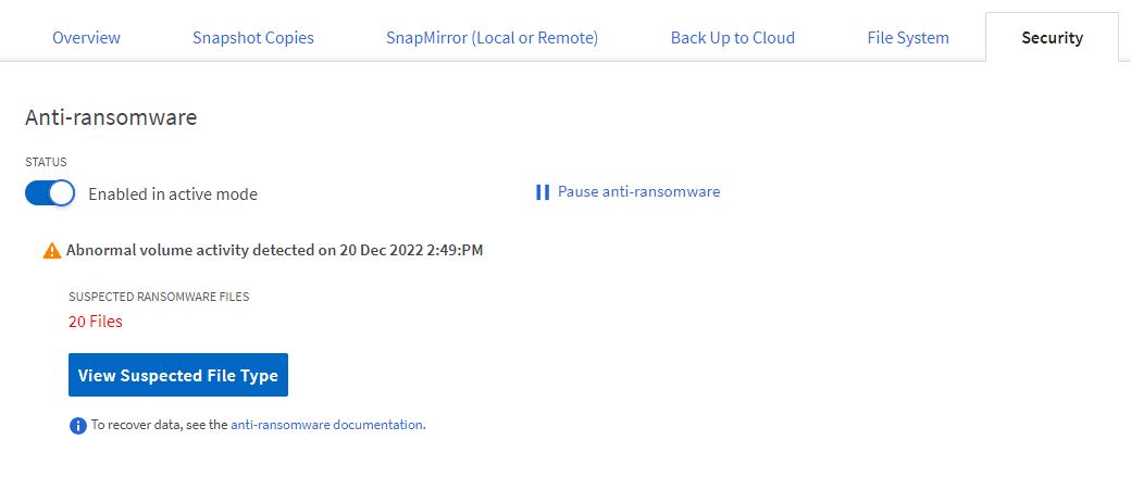 ONTAP System Manager does not display View Suspected File Type for ARP enabled volume ONTAP System Manager does not display View Suspected File Type for ARP enabled volume