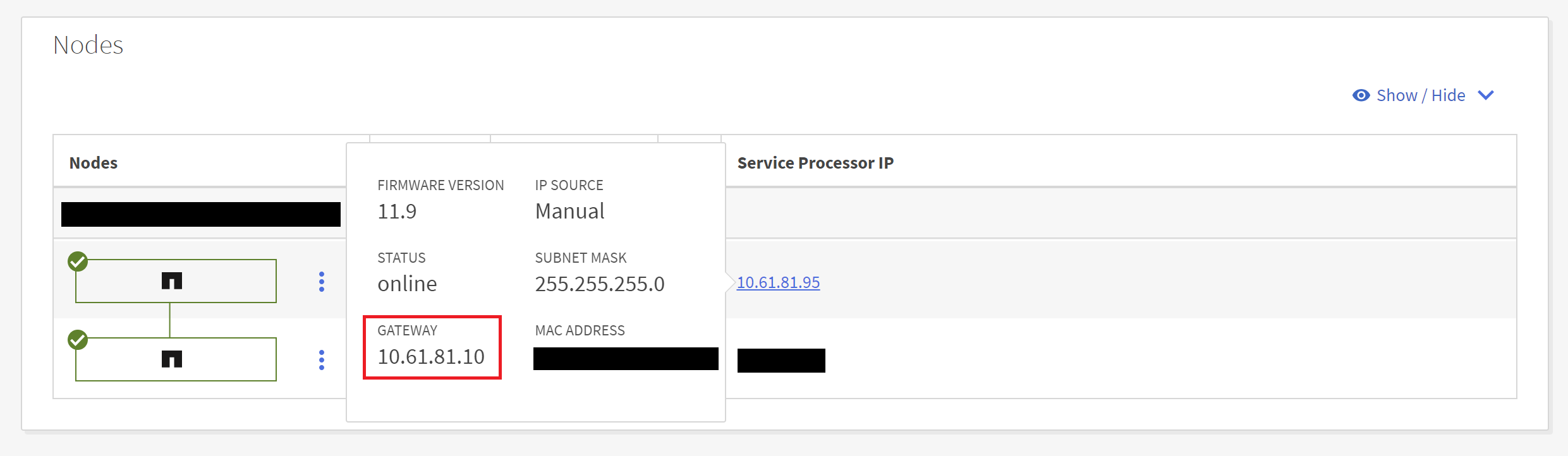 Tooltip displayed by mouseover Service Processor IP
