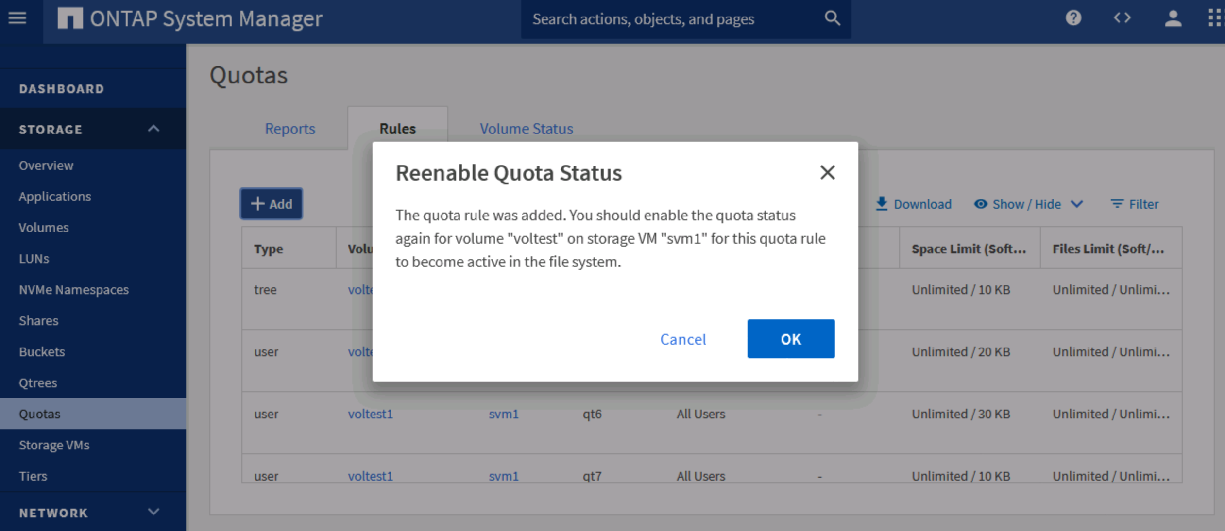 System Manager does not reenable quota for volume after adding qtree quota